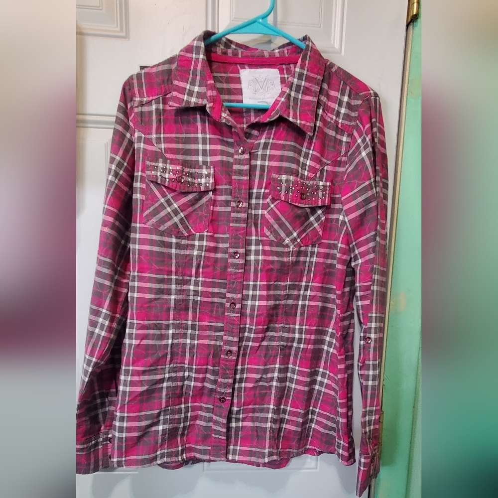 Womens pink plaid western shirt size large
